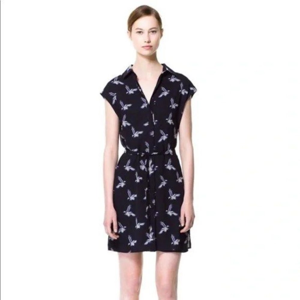 Women's Large Zara Basic Blue & White Eagle Button Down Tie Dress